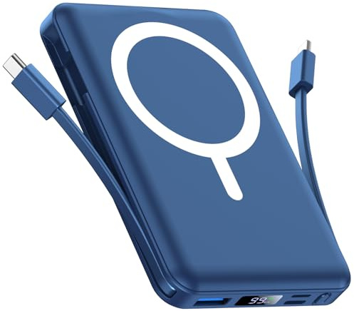Vexnara para Magsafe Power Bank, 10000mAh Magnético Bateria Externa Carga Rapida, Inalámbrico Bateria Portátil Powerbank con USB-C y Pantalla LED para iPhone 17/16/15/14/13/12 Serie (Azul)