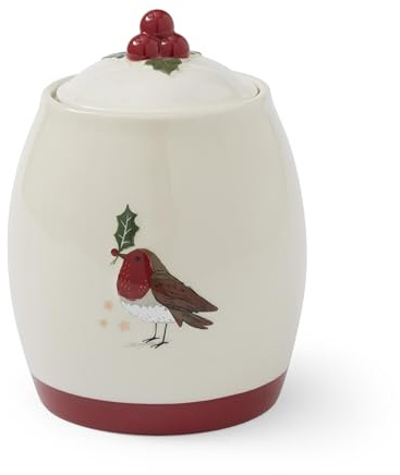 Cooksmart Christmas Robins Retreat Canister/Cookie Jar | Airtight Ceramic Storage Jar for Biscuits, Coffee, Tea & Sugar | Durable Kitchen Canister with Festive Robin Design for Pantry & Counter