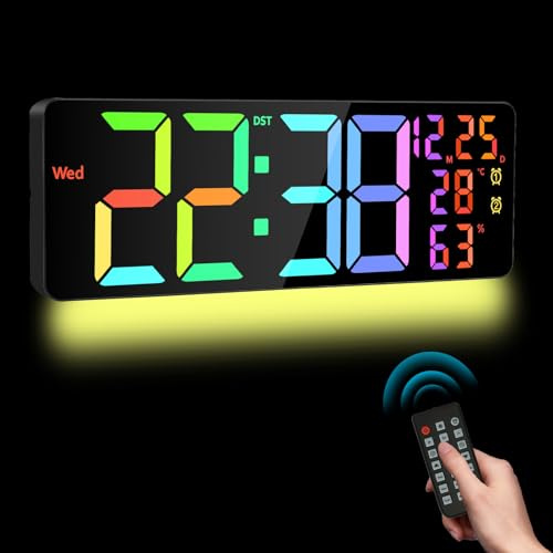 Drepint LED Reloj de Pared Digital de 11 Colores RGB,Reloj Pared Digital de16.5 Pulgadas con Temperatura Humedad,Fecha, Alarma para Decorar Salones, dormitorios y oficinas