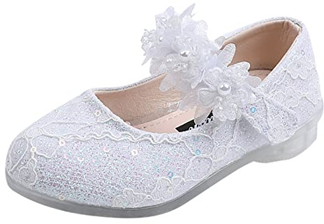 Generiska dopskor flicka 27 klädskor glitter prinsessa skor barn fest halvskor med pärla och blomma kardborreband prinsessa skor födelsedag skolskor söta kvällsskor Mary Janes