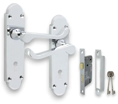 Infinity Decor Polished Chrome Victorian Scroll Lever Door Handle on Half Round Backplate Pair with Sash Lock Pack - for Interior and Exterior Doors