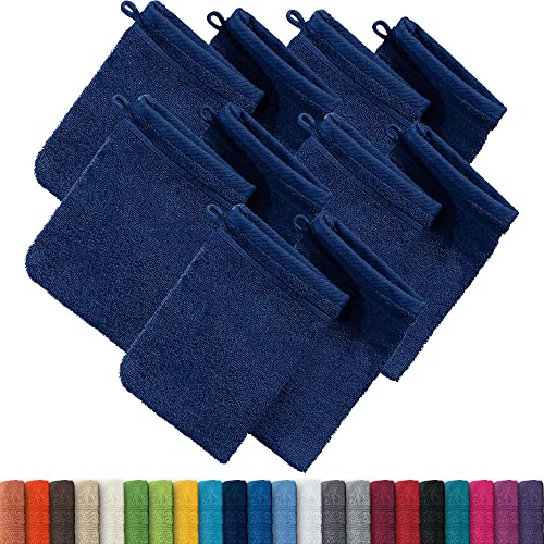 Erwin Müller Waschhandschuh, Waschlappen Heidelberg 10er- Pack, 100% Baumwolle Marine Größe 15x21 cm - weiche Qualität, saugstark und strapazierfähig - praktisch durch Schlaufe