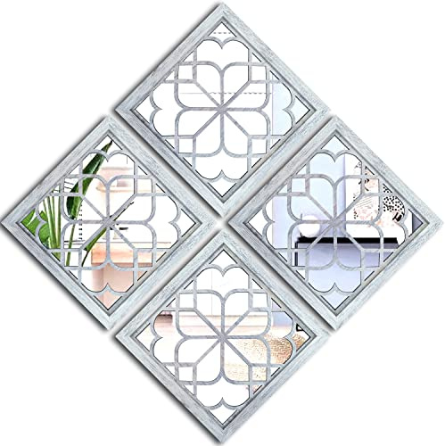 Wocred Set of 4 Mirrors Square Wall Mirror,Gorgeous Rustic Farmhouse Accent Mirror,Rustic White Color Entry Mirror for Bathroom Renovation,Bedrooms,Living Rooms and More(12”x12”4pcs)