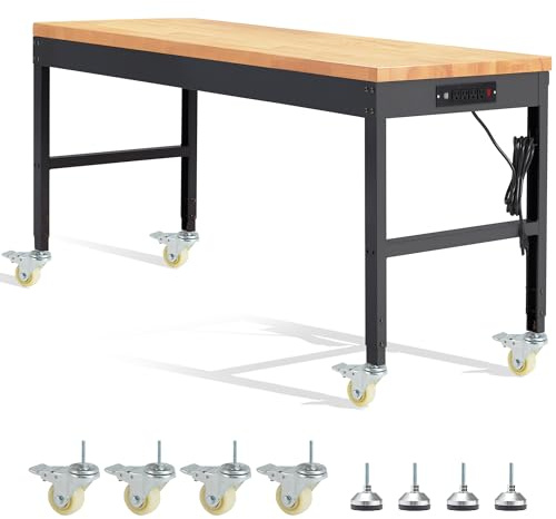 HABUTWAY Height Adjustable Workbench with Wheels 60 2000 Lbs Capacity Solid Wood Work Station Heavy-Duty Rolling Work Tables for Garage Party Shop Office