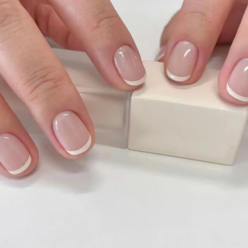 24 Pezzi Unghie Finte Corte Quadrate French Nudo Lucide Adesive Press on Nails Acrilico Copertura Completa Unghie Artificiali con Bordo Bianco Nail Art Decorazioni per Donne e Ragazze