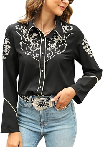 Chemisier Western pour femmes, cowgirl sexy, habillée, manches longues, noir, brodé, boutonné
