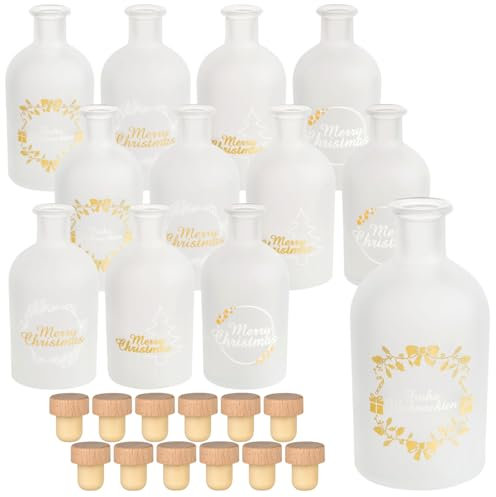 gouveo set da 12 bottiglie di vetro da 250 ml, stile farmacia, set di mix natalizio satinato con tappi di sughero (HGK) - Bottiglie natalizie con 3 design, Buon Natale (AFRF250-3kinds4pcs)