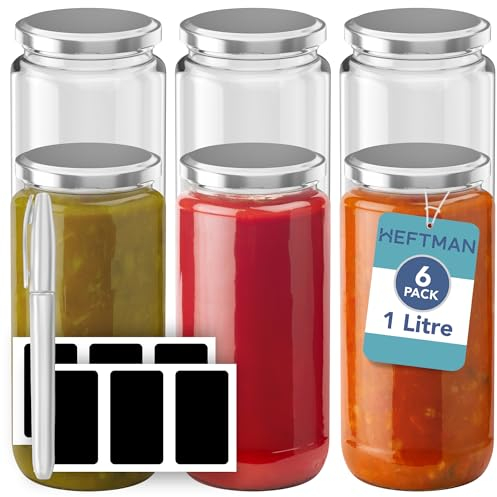 HEFTMAN Glass Jars with Lids - 6 Pack, 1L Jam Jars with Silver Airtight Lids, Glass Jar Set for Overnight Oats, Jams, Chutney, Pickling, Preserving, Food Storage, Kitchen Organisation (1 Litre)