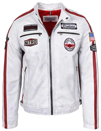 Chaqueta de piel auténtica estilo motociclista para hombre, estilo Bobby, blanco vintage, L