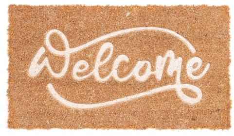 Comart - Zerbino Rio in Cocco con Scritte e Disegni Incisi - 40x70 cm - Tappeto Colorato per Ingresso Esterno e Interno - Asciugapassi Antiscivolo - Regalo Casa Nuova - Scritta Welcome Bianca