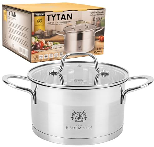 KARL HAUSMANN Pentola Acciaio Inox - 3.6L - 20 cm - Casseruola Induzione con Coperchio Vetro - Pentola Inox 18/10 - Scala Misura - Per Tutti i Fuochi - Pentole Acciaio Inossidabile