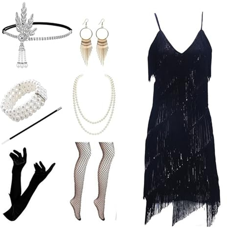 Velcoxplay Abito da donna anni '20 con paillettes, vintage, con paillettes, con frange, set di accessori 20s, nero, L
