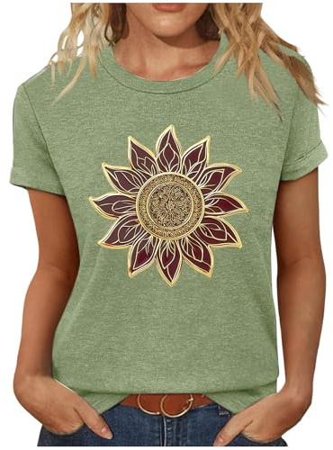 Camiseta Mujer Manga Corta Verano Estampado Floral Cuello Redondo Moda Suelto Casual Túnica Tops Algodón Fiesta Tshirt Camisa Elegante Cómodo Original Basic tee 2026