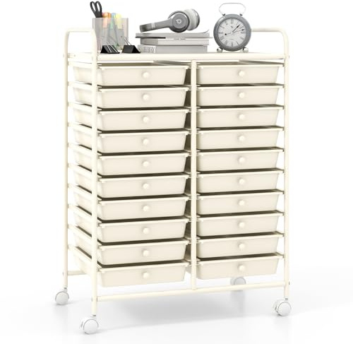 GiantexUK 20 Drawers Storage Trolley, Multipurpose Mobile Rolling Cart with Lockable Wheels, Rolling Utility Shelving Organizer Unit for Home Office Salon (White)