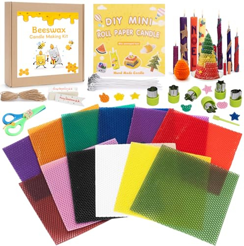 Placas de cera de abejas para velas, 12 unidades, placas de cera arco iris para decorar velas para bricolaje, placas de cera para Pascua y comunión con formas, tijeras para niños e instrucciones
