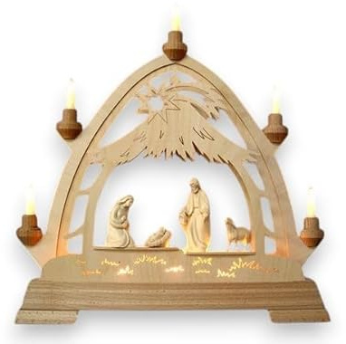 OVUNQUE PROTEGGIMI Belén navideño de madera con arco iluminado, decoración de natividad con luces LED, velas eléctricas, (natural)