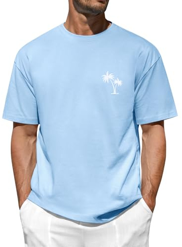TOMEEK Magliette Uomo Manica Corta Oversize T Shirt Cotone Estive Maglietta Uomo Girocollo Casual Maglia Moda Palme Stampa Basic Allentata Top(Blu,L)