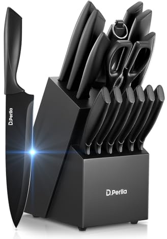 D.Perlla Set Coltelli da Cucina 15 Pezzi in Acciaio Inossidabile, Lama Nero Antiaderente e Affilata, Coltelli da Cucina con Manico in Plastica e Blocco in Legno, per Pane, Verdure e Asta per Affilare