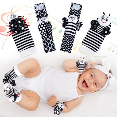 GSrenyu 4Pcs Baby Toys Baby Rattle Socks Wrist Strap Rattles Set | Soft Black and White Bee Ladybug Baby Brain Development Rattle Toy,Newborn Foot Finder Socks&Wrist Rattles for 0-12 Months