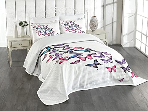 ABAKUHAUS Schmetterlinge Tagesdecke Set, Netter Flügel Feminine, Set mit Kissenbezügen Sommerdecke, für Doppelbetten 220 x 220 cm, Lila Rosa Blau