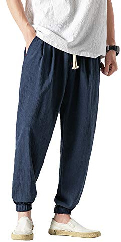 Vanvene - Pantaloni casual da uomo in lino e cotone, leggeri e larghi, da spiaggia, yoga, gamba ampia Marina Militare XL