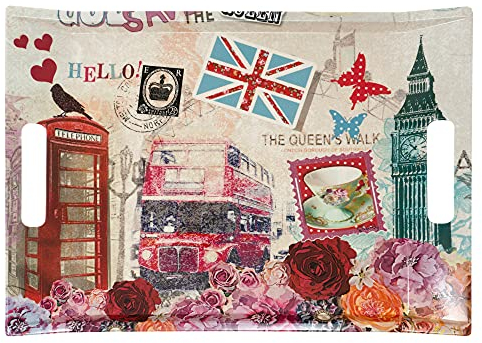 Lashuma vassoio da cucina in melamina colorato, vassoio per stoviglie moderno 38x27 cm, motivo vassoio da tè: londra