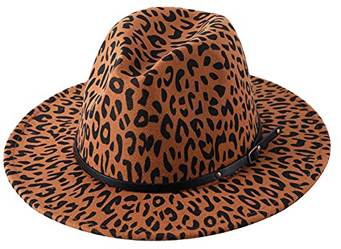 QUUPY Fedora-Hut mit Leopardenmuster, breite Krempe, Trilby-Filz, Panamahut mit Gürtelschnalle, für Damen und Herren, Khaki, khaki, 6 7/8/7 1/8