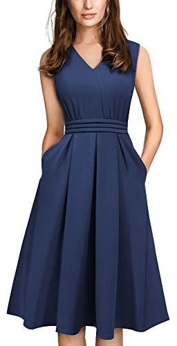HOMEYEE Vestido Acampanado de Bolsillo de cóctel con Sin Mangas Vintage de los años 50 para Mujer A196 (M, Azul Oscuro)