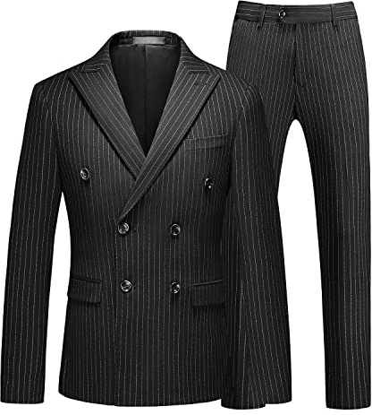 MOGU Mens Suits 3 Piece Double Breasted Suit Pinstripe Slim Fit Tuxedo Jacket Vest Pants for Business Wedding Prom, Black, 36