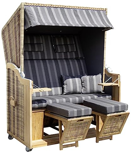 Trendyshop365 Strandkorb Echtholz Teak 2-Sitzer aufgebaut mit Rollen Kissen Hülle Polster anthrazit-gestreift, Grau-anthrazit Gestreift - mit Aufbau, 45294
