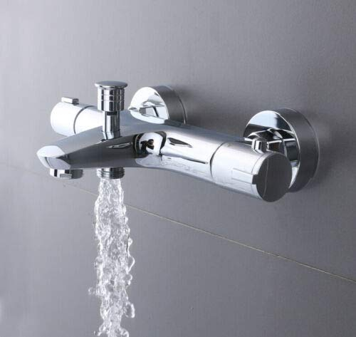 Rubinetto termostatico per vasca da bagno, miscelatore in acciaio inox, miscelatore per vasca da bagno, cromato, con protezione dalle scottature, 2050 °C, 2 uscite d'acqua con pulsante di sicurezza