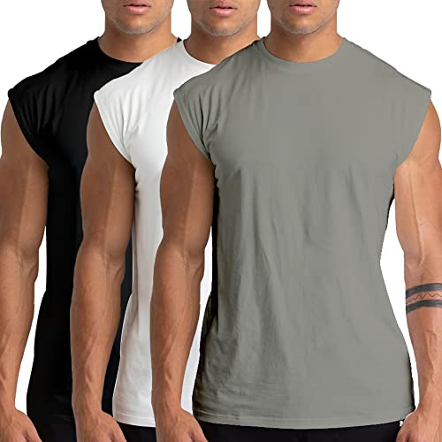Holure 3 Pack Men's Gym Tank Tops Workout Sleeveless T-Shirts Athletic Muscle Tank Training Bodybuilding Shirts Black/White/Grey 05-XL