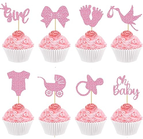 Décoration de fête Neodtx pour baby girl - Dorde 32 pièces - Cupcake pour prénatale garçon/fille - Rose à paillettes - Oh Baby Girl