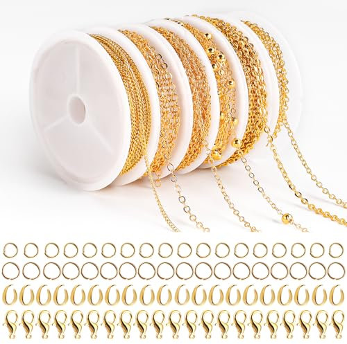 Set di 6 rotoli di catena a maglie dorate, 14 m, set fai da te, catena in oro al metro, con anelli e chiusure a moschettone, per collane, bracciali, gioielli