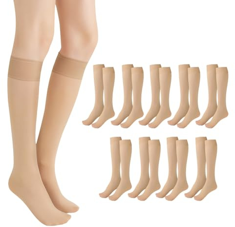 SIWOKJJO Medias hasta la rodilla para mujer, color piel clara, medias largas transparentes, medias de nailon en color piel hasta la rodilla, medias transparentes de nailon para mujer, 9 unidades