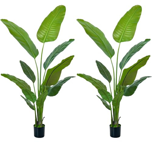 Artificial Plants Outdoor Indoor Bird of Paradise 160cm/5.25FT Large Fake Plant Tropical Palm Tree with 12 Leaves, Perfect Faux Plant in Pot for House Garden Home Decoration Housewarming Gift (2Packs)