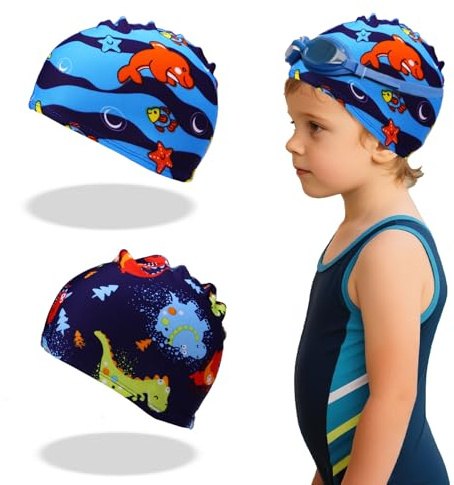2 Pcs Kids Swimming Cap,Fabric Swimming Cap Kids,Kids Swimming Hat,Elastic Swim Caps,Comfortable Swim Hat,Unisex for Boys Girls Toddler Children Teens for Age 2-8