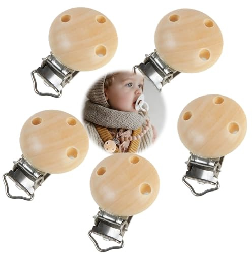 5Pcs Attache Tetine Bois, Clip Attache Tetine, Pince Attache Tetine, Silicone Bouton Anneau, Adaptateur de Sucette, pour Fixation Aux Vêtements et Clips, Pratique et Sûr (Bois Naturel)