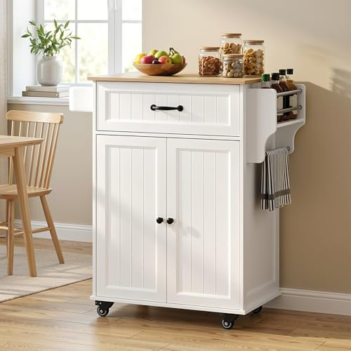 Blishom Carrello da cucina mobile, con isola cucina, cassetti e 3 armadietti, piano di lavoro in legno, ideale per cucine e sale da pranzo di piccole dimensioni. (Bianco)