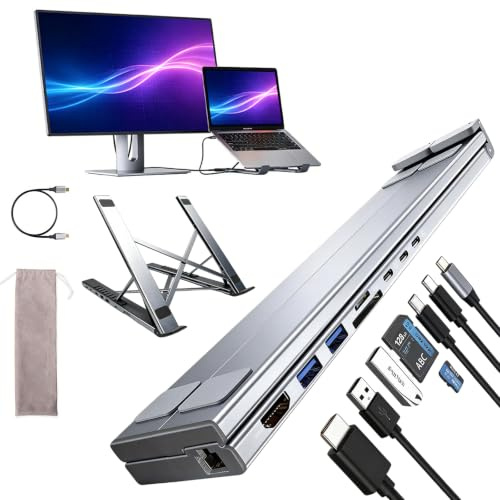 Soporte Ordenador Portátil, 9 en 1 Docking Station USB C con HDMI 4K a 60 Hz, USB 3.0, PD de 100 W, SD/TF, USB-C y RJ45, Universal Estación de Acoplamiento Laptop Stand Compatible con MacBook, Windows