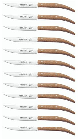 Arcos Serie Cuchillos de Mesa Caja 12 uds Cuchillo Chuletero, Hoja Filo de Acero Inoxidable NITRUM de 110 mm, Mango Micarta Color marrón claro (12 UDS)