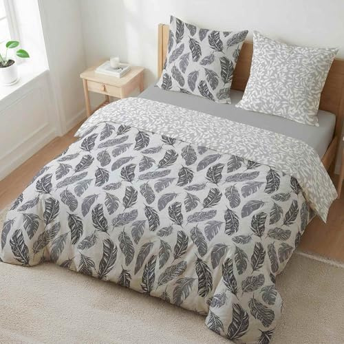etérea Bettwäsche 240x220 Baumwolle Philou Federn Grau - Oekotex Made in Green - 100% Baumwolle natürlich weich - 3 TLG. Bettwäsche Set 240x220cm + 2X 80x80cm Kissenbezug - Grau