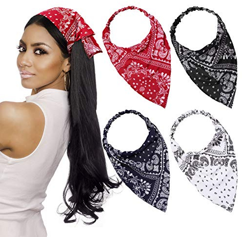 Syhood 4 Pieces Elastic Hair Scarf Headband Print Vintage Turban Cotton Headwrap Triangle Kerchief Head Scarf Hair Bandanas for Women Girls