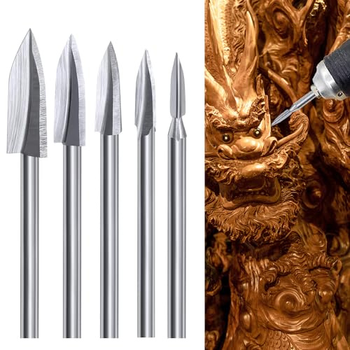 Outils de Sculpture sur Bois, 5 PCS Ensemble de Mèches de Gravure HSS, Outil de Meulage pour l'Artisanat du Bois, Travail du bois, Tige 1/8, Adaptation Universelle pour Outils Rotatifs