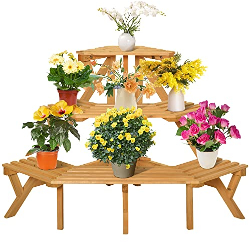 Outsunny Ecke hölzernen Pflanzer Halter Leiter mit 3 Regalen, Outdoor-Pflanze Regal, Balkon Pflanzer Garten und Home Decor, 96x64x61cm
