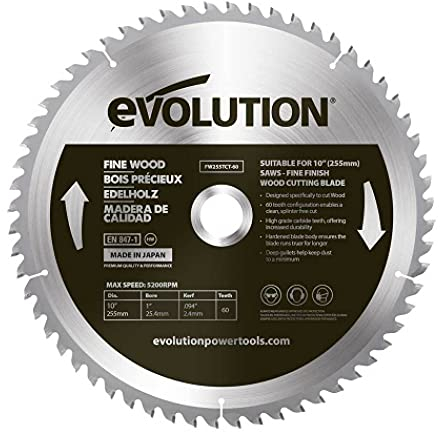 Evolution Power Tools - hoja de madera fina de 255 mm, hoja de sierra de corte transversal, diseñada para un acabado más limpio, disco sierra circular