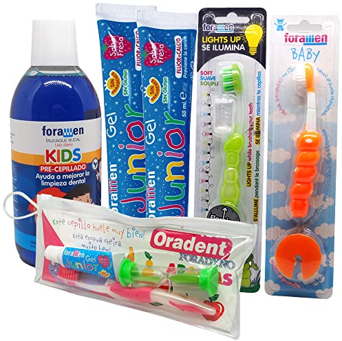 Lot de Produits qui Comprend 2x Brosses Dentaires Pour Enfants, Trousse De Toilette Arômes Foradyno, 2x Gel Foramen Junior et Rinçage Pour Enfants Pré-Emballé