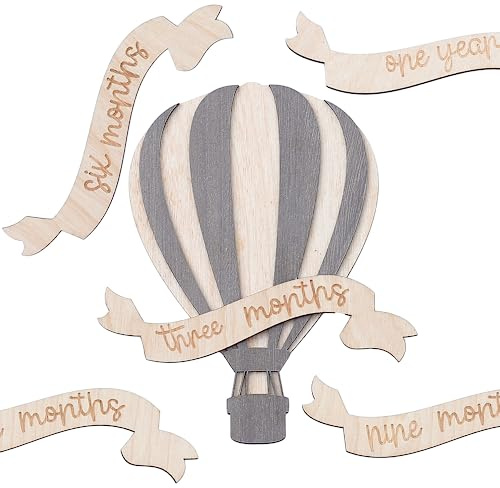Baby Monthly Milestone Cards - Wooden Monthly Milestone Discs - Newborn Photography Props to Document Your Baby´s Growth - Baby Announcement Sign (Air Balloon)