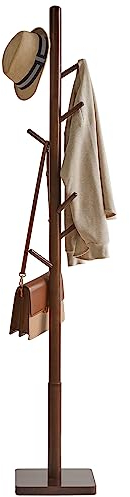 YMYNY Coat Rack Stand with Square Base, Wooden Coat Tree, Hall Tree Free Standing with 8 Hooks, Clothes Stand for Coats, Hat, Handbag, Umbrella, for Office, Hallway, 29 x 29 x 176CM Brown HCR002H