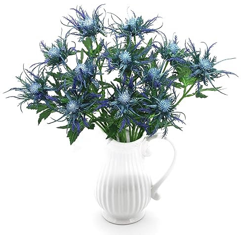 HASWITDA 4 Stems Artificial Eryngium Thistle Flowers Faux Sea Holly Silk Long Stem Fake Flora for Outdoor Indoor Home Decoration Bouquet Wreaths Centrepiece Arrangement Blue WITHOUT VASE
